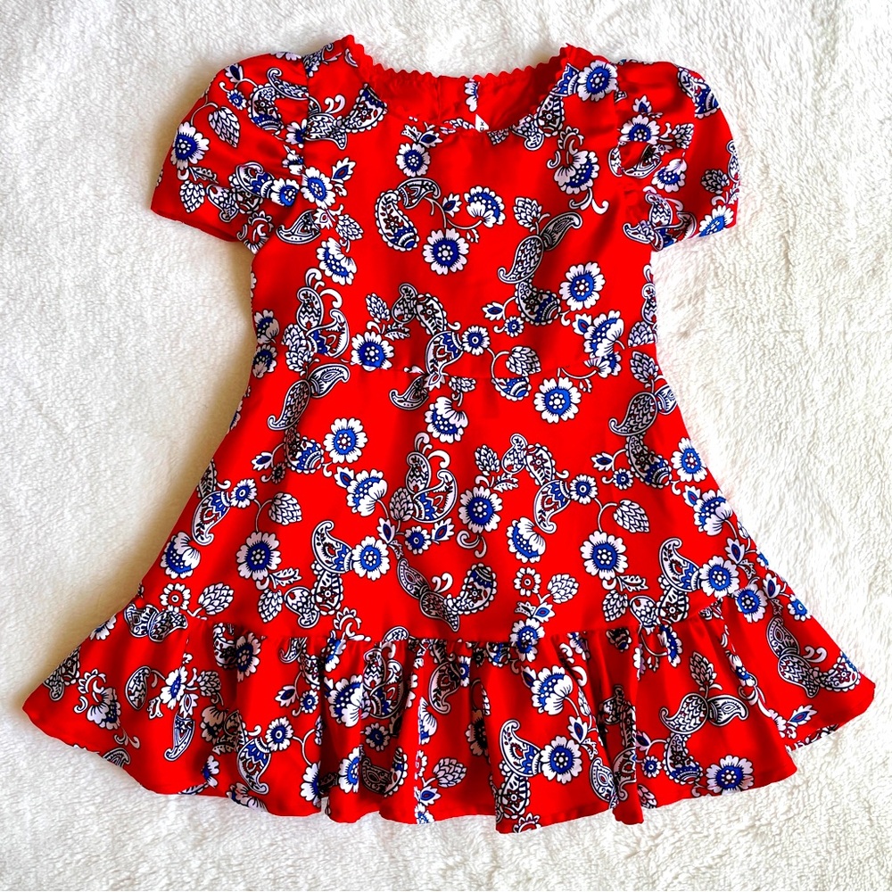 Janie & Jack Day Dress Party Satin Floral Paisley Red White Blue